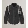Men's Midnight Trail leather fringe jacket in black genuine leather with bone-inspired shoulder panels and stud detailing