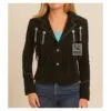Women’s black suede concho fringe jacket with turquoise bead and stud details