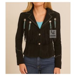 Elegant Women's Black Suede Jacket With Fringe BWJ01