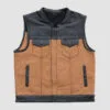 Men’s tan and black leather vest with smooth shoulder yoke and four pockets