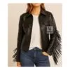 Women’s black leather long back fringe western jacket with zipper front and chest pockets