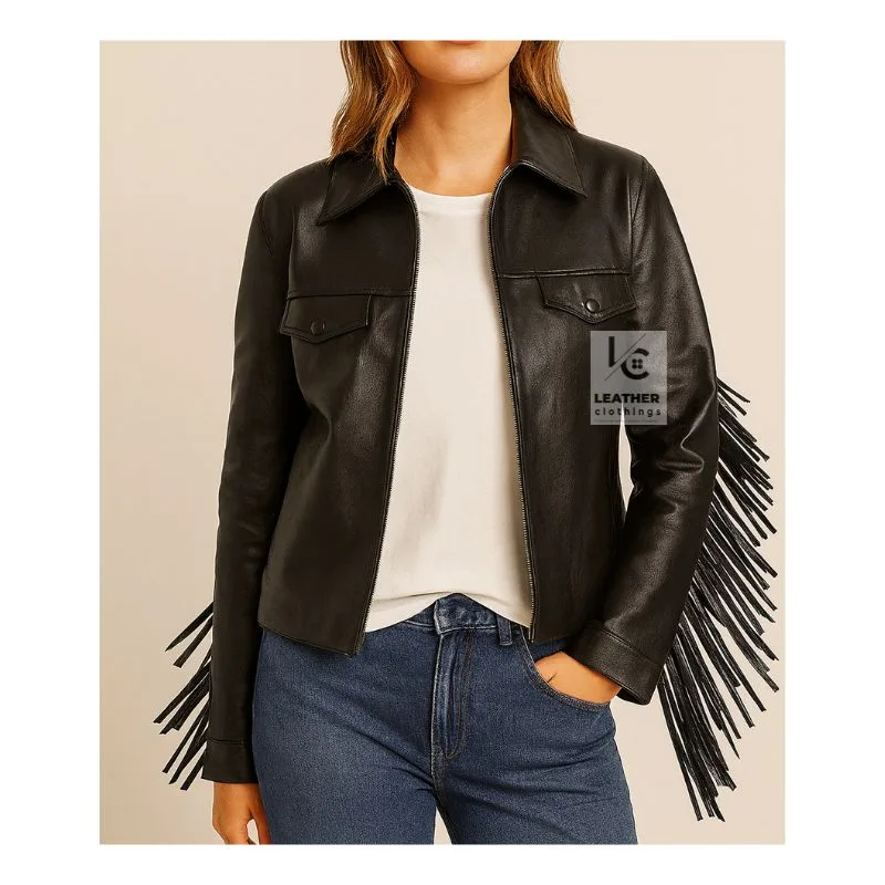 Women’s black leather long back fringe western jacket with zipper front and chest pockets