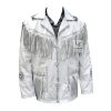 Men’s white leather fringe coat jacket with Native-inspired Western design