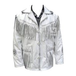 Men’s white leather fringe coat jacket with Native-inspired Western design