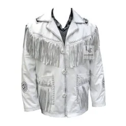Men’s white leather fringe jacket with beaded medallions and whip lacing