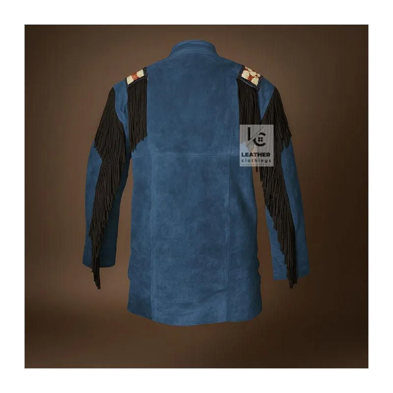 Western Native American Blue Suede Shirt With Beads Fringes - SWS36