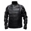 Men's Black Leather Tactical Motorcycle Jacket with layered front panels and asymmetrical zipper