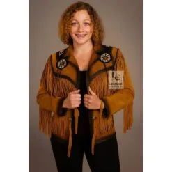 Women’s cognac suede beaded medallion fringe western jacket