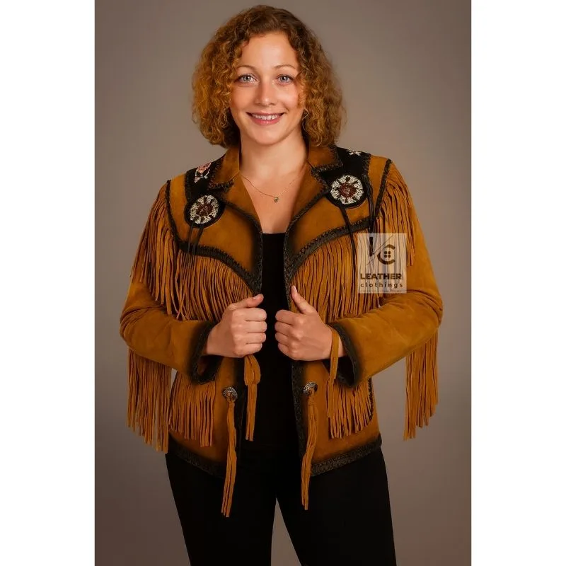 Women’s cognac suede beaded medallion fringe western jacket