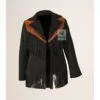 Women’s black suede western fringe jacket with cognac yoke front view