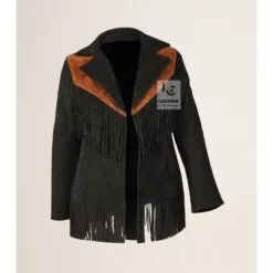 Women’s black suede western fringe jacket with cognac yoke front view