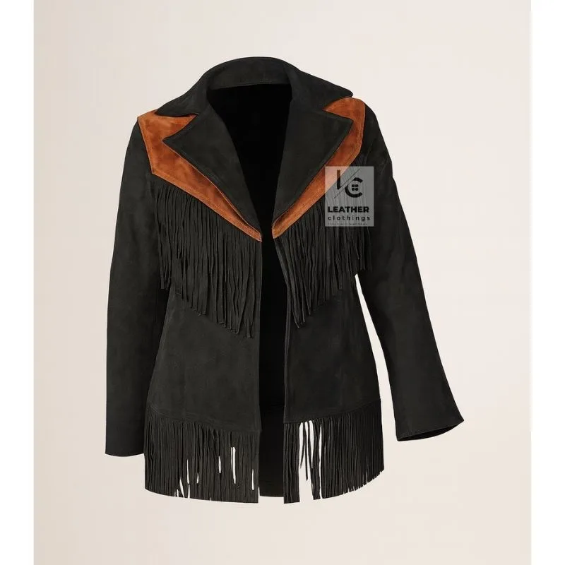 Women’s black suede western fringe jacket with cognac yoke front view