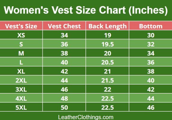Women Western Vest Size Chart
