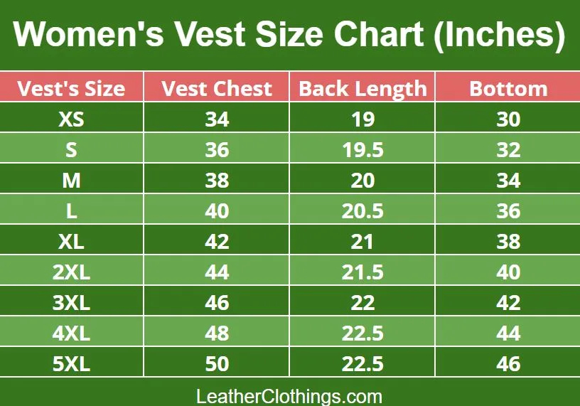 Women Western Vest Size Chart