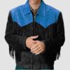 Blue And Black Suede Jacket With Fringes