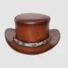 Brown leather top hat with snakeskin-pattern band and decorative brass studs