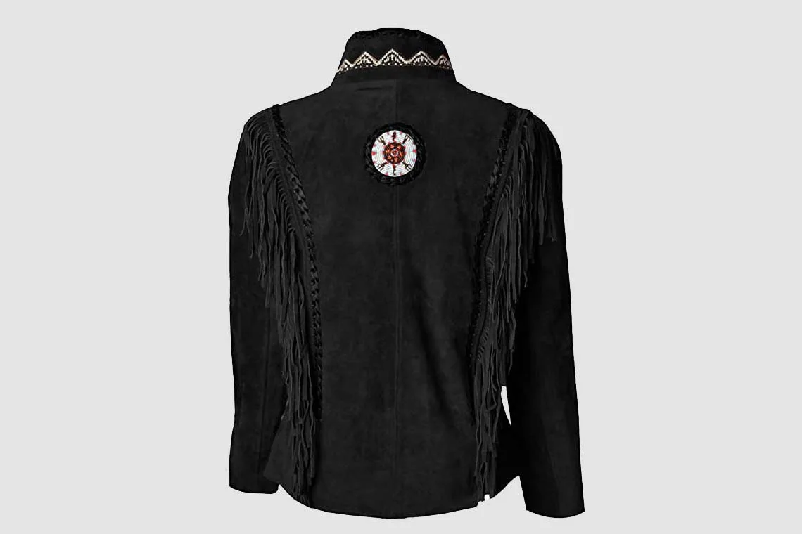Men's Shadow Mesa Black Cowhide Suede Fringe Jacket with Stand Collar - Image 2