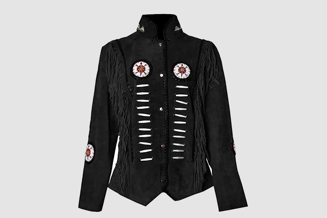 Men's black cowhide suede fringe jacket with stand collar, lace-cut chest detailing, braided trim, and concho-style medallions
