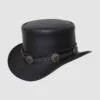 Black leather top hat with braided hatband and wildcat concho accents
