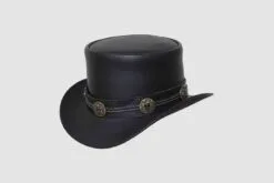 Black leather top hat with braided hatband and wildcat concho accents