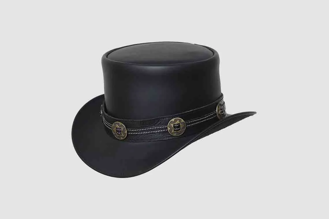 Black leather top hat with braided hatband and wildcat concho accents