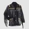 Men's Black Suede Fringe Jacket with hairpipe bone accents, long fringe, and beaded shoulder tabs