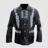 Men's cowboy style black leather eagle beaded fringe jacket with decorative bone accents