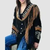 Black Western Women Suede Jacket With Fringes And Bones