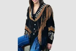 Black Western Women Suede Jacket With Fringes And Bones