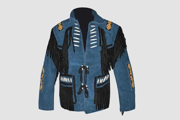 Blue Cowboy Jacket With Beads And Fringes