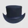 Blue waxed leather top hat with simple band and classic Victorian crown design