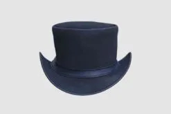 Blue waxed leather top hat with simple band and classic Victorian crown design