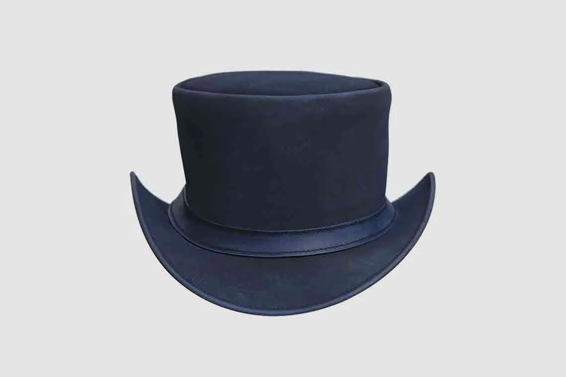 Blue waxed leather top hat with simple band and classic Victorian crown design