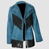 Women Western Cowgirl Blue Suede Jacket | WSJ115