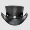 Black leather top hat with buffalo nickel band and Pale Rider Western design