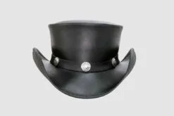 Black leather top hat with buffalo nickel band and Pale Rider Western design