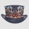 Black leather top hat with flaming skull artwork and skull chain band in gothic biker style