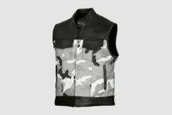 Men’s gray camo and black leather vest with stand collar and four pockets
