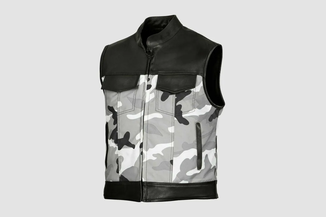Men’s gray camo and black leather vest with stand collar and four pockets