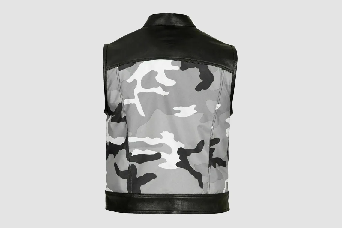 Men’s Gray Camo and Black Leather Vest with Stand Collar - Image 2