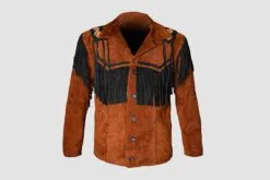 Men's saddle brown cowhide suede fringe jacket with contrasting black fringe and embroidered shoulder accents