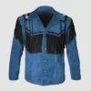 Men's blue cowhide suede Western jacket with black fringe and handcrafted shoulder yoke detailing