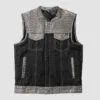 Men’s black leather vest with gray crocodile embossed panels and four pockets