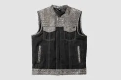 Men’s black leather vest with gray crocodile embossed panels and four pockets