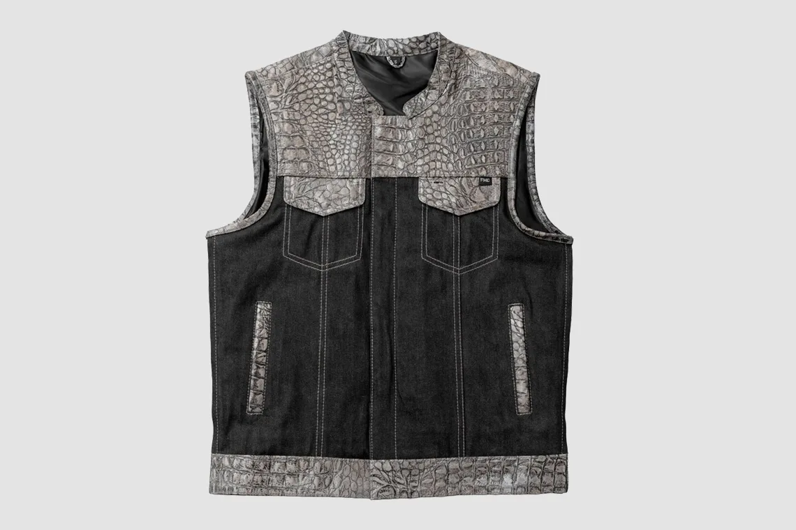 Men’s black leather vest with gray crocodile embossed panels and four pockets