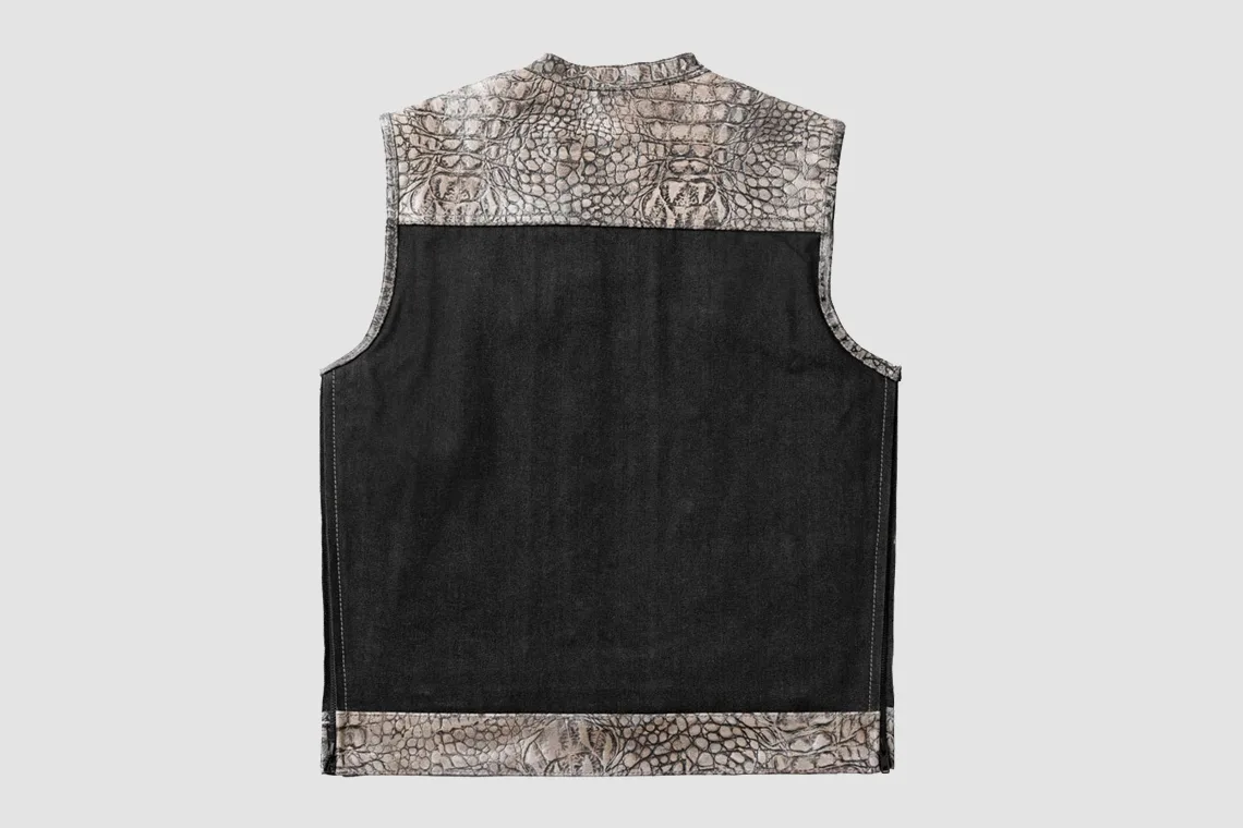 Men’s Black Leather Vest with Gray Crocodile Embossed Panels - Image 2