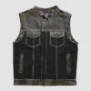 Men’s black leather vest with woodland camo yoke and white stitching