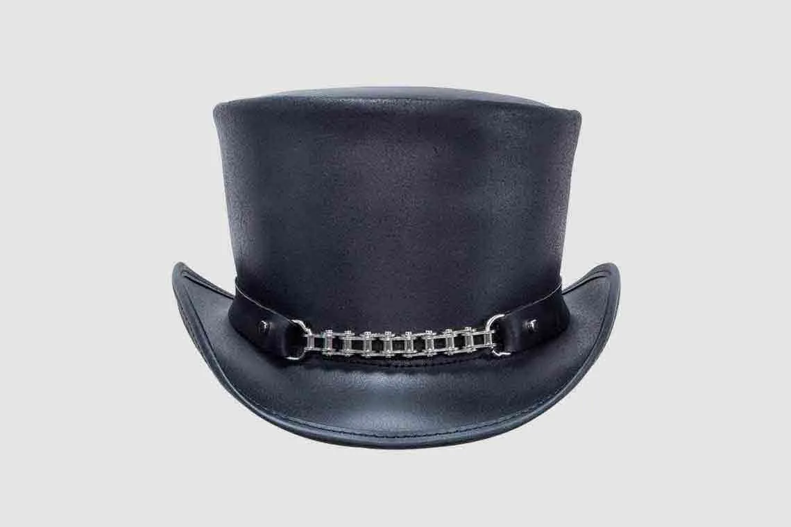 Black leather top hat with metal roller chain band and industrial rider styling