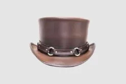 Brown leather top hat with harness ring band and frontier steampunk design