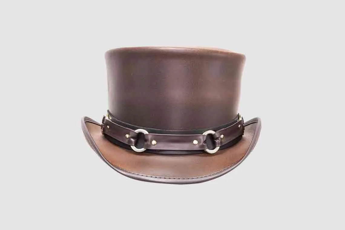 Brown leather top hat with harness ring band and frontier steampunk design